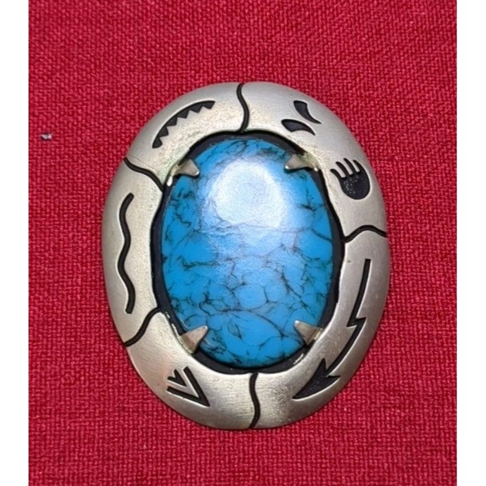 Vintage Bolo Tie Slide Nickel And Faux Turquoise